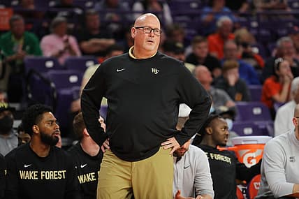 Feb 23, 2022; Clemson, South Carolina, USA; Wake Forest Demon Deacons head coach Steve Forbes reacts from the sideline during the second half against the Clemson Tigers at Littlejohn Coliseum. Mandatory Credit: Dawson Powers-USA TODAY Sports