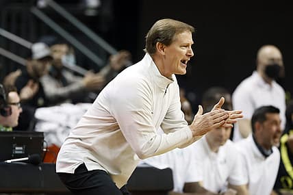 Feb 24, 2022; Eugene, Oregon, USA; Oregon Ducks head coach Dana Altman cheers on his team during the first half against the UCLA Bruins at Matthew Knight Arena. Mandatory Credit: Soobum Im-USA TODAY Sports
