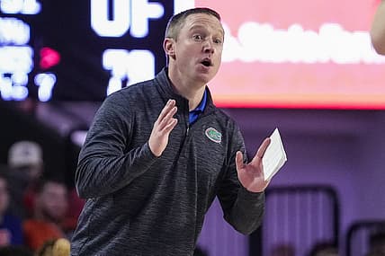 Feb 26, 2022; Athens, Georgia, USA; Florida Gators head coach Mike White reacts during the game against the Georgia Bulldogs during the second half at Stegeman Coliseum. Mandatory Credit: Dale Zanine-USA TODAY Sports