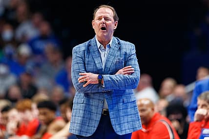Mar 1, 2022; Lexington, Kentucky, USA; Mississippi Rebels head coach Kermit Davis yells to his team during the first half against the Kentucky Wildcats at Rupp Arena at Central Bank Center. Mandatory Credit: Jordan Prather-USA TODAY Sports