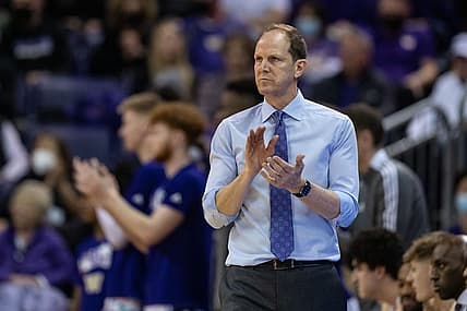 Feb 26, 2022; Seattle, Washington, USA; Washington head coach Mike Hopkins claps during a game against Washington State at Alaska Airlines Arena at Hec Edmundson Pavilion. Mandatory Credit: Stephen Brashear-USA TODAY Sports