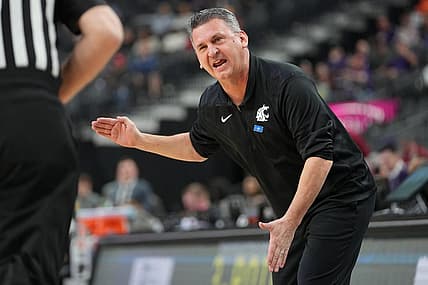 Mar 9, 2022; Las Vegas, Nevada, USA; Washington State Cougars head coach Kyle Smith argues a call during the first half against the California Golden Bears at T-Mobile Arena. Mandatory Credit: Stephen R. Sylvanie-USA TODAY Sports