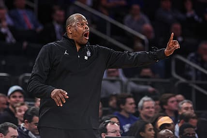 Mar 9, 2022; New York, NY, USA; Georgetown Hoyas head coach Patrick Ewing coaches during the first half during the Big East Conference Tournament against the Seton Hall Pirates at Madison Square Garden. Mandatory Credit: Vincent Carchietta-USA TODAY Sports