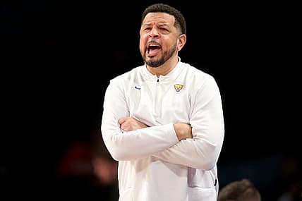 Mar 8, 2022; Brooklyn, NY, USA; Pittsburgh Panthers head coach Jeff Capel III coaches against the Boston College Eagles during the second half at Barclays Center. Mandatory Credit: Brad Penner-USA TODAY Sports