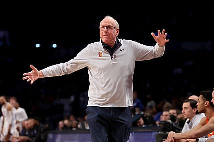 Mar 10, 2022; Brooklyn, NY, USA; Syracuse Orange head coach Jim Boeheim reacts during the second half against the Duke Blue Devils at Barclays Center. Mandatory Credit: Brad Penner-USA TODAY Sports