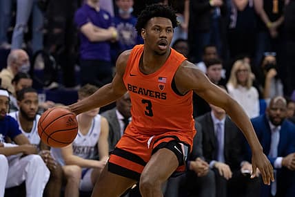 Mar 5, 2022; Seattle, Washington, USA; Oregon State Beavers guard Dexter Akanno (3) dribbles the ball against the Washington Huskies at Alaska Airlines Arena at Hec Edmundson Pavilion. Mandatory Credit: Stephen Brashear-USA TODAY Sports