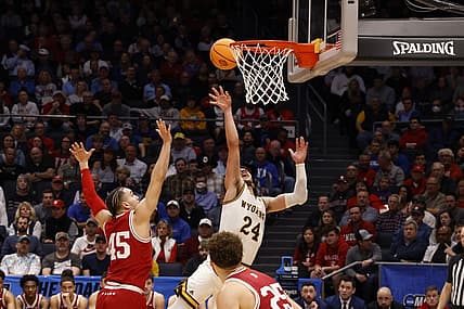 Mar 15, 2022; Dayton, OH, USA; Wyoming Cowboys guard Hunter Maldonado (24) shoots the ball in the in the first half against the Indiana Hoosiers during the First Four of the 2022 NCAA Tournament at UD Arena. Mandatory Credit: Rick Osentoski-USA TODAY Sports
