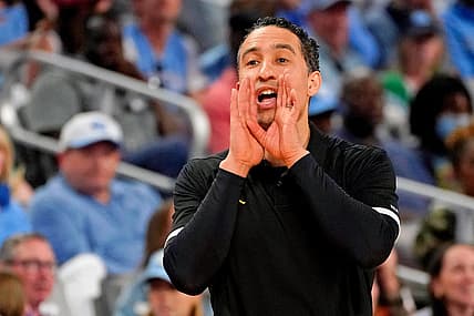 Mar 17, 2022; Fort Worth, TX, USA; Marquette Golden Eagles head coach Shaka Smart directs his team against North Carolina Tar Heels during the first half during the first round of the 2022 NCAA Tournament at Dickies Arena. Mandatory Credit: Chris Jones-USA TODAY Sports