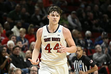 Mar 17, 2022; Portland, OR, USA; Saint Mary's Gaels guard Alex Ducas (44) celebrates against the Indiana Hoosiers during the first half during the first round of the 2022 NCAA Tournament at Moda Center. Mandatory Credit: Troy Wayrynen-USA TODAY Sports