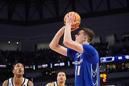 Mar 17, 2022; Fort Worth, TX, USA; Creighton Bluejays center Ryan Kalkbrenner (11) makes a jump shot against the San Diego State Aztecs during the second half in the first round of the 2022 NCAA Tournament at Dickies Arena. Mandatory Credit: Chris Jones-USA TODAY Sports
