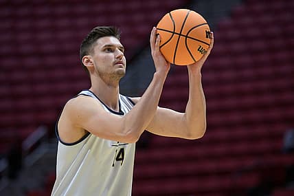 Mar 17, 2022; San Diego, CA, USA; Notre Dame Fighting Irish forward Nate Laszewski (14) shoots a free throw during practice before the first round of the 2022 NCAA Tournament at Viejas Arena. Mandatory Credit: Orlando Ramirez-USA TODAY Sports