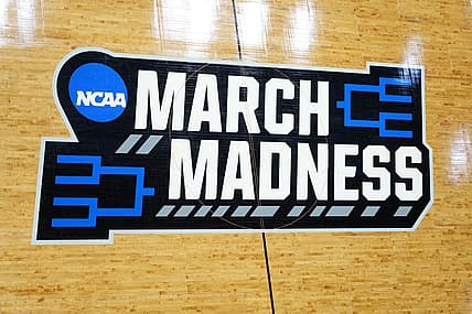 Mar 17, 2022; San Diego, CA, USA; A general view of the March Madness logo at center court before the first round of the 2022 NCAA Tournament at Viejas Arena. Mandatory Credit: Kirby Lee-USA TODAY Sports