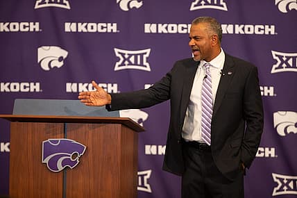 Jerome Tang, Kansas State   s new men   s basketball coach, speaks to a crowd gathered inside Bramlage Coliseum Thursday for his introduction press conference. Tang was assistant coach at Baylor for 19 seasons before being selected as K-State   s head coach Monday.
