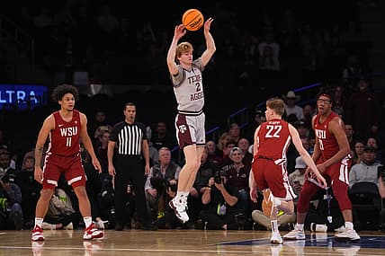 Mar 29, 2022; New York, New York, USA; Texas A&M Aggies guard Hayden Hefner (2) passes the ball against the Washington State Cougars during the second half of the NIT college basketball semifinals at Madison Square Garden. Mandatory Credit: Gregory Fisher-USA TODAY Sports
