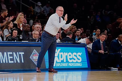 Mar 31, 2022; New York, New York, USA; Texas A&M Aggies head coach Buzz Williams claps for his players during the first half of the NIT college basketball finals against the Xavier Musketeers at Madison Square Garden. Mandatory Credit: Gregory Fisher-USA TODAY Sports