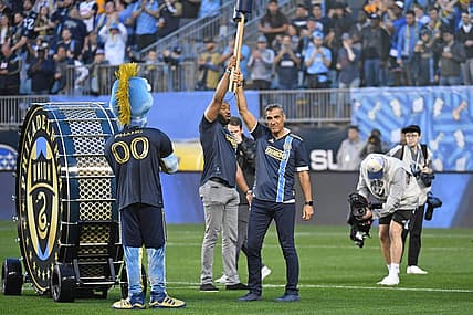 May 14, 2022; Philadelphia, Pennsylvania, USA; Villanova head coach Kyle Neptune and recently retired head coach Jay Wright atria introduced before match between New York Red Bulls and Philadelphia Union at Subaru Park. Mandatory Credit: Eric Hartline-USA TODAY Sports