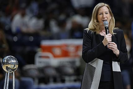 May 24, 2022; Chicago, Illinois, USA; WNBA commissioner Cathy Engelbert addresses fans during a championship ring ceremony for the Chicago Sky before a WNBA basketball game against the Indiana Fever at Wintrust Arena. Mandatory Credit: Kamil Krzaczynski-USA TODAY Sports