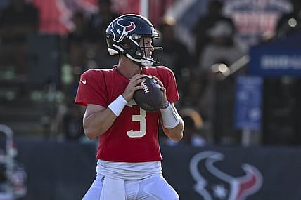Aug 5, 2022; Houston, Texas, US;  Houston Texans quarterback Kyle Allen (3) throws a pass during training camp at the Texans practice facility.  Mandatory Credit: Maria Lysaker-USA TODAY Sports