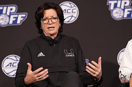 Oct 12, 2022; Charlotte, North Carolina, US; Miami coach coach Katie Meier during the ACC Women s Basketball Tip-Off in Charlotte, NC.  Mandatory Credit: Jim Dedmon-USA TODAY Sports