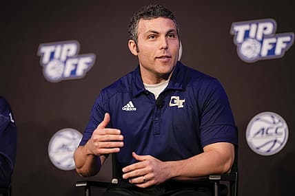 Oct 12, 2022; Charlotte, North Carolina, US; Georgia Tech Coach Josh Partner during the ACC Tip Off media day in Charlotte, NC.  Mandatory Credit: Jim Dedmon-USA TODAY Sports