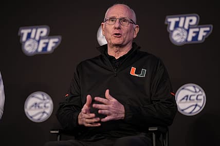 Oct 12, 2022; Charlotte, North Carolina, US; Miami Coach Jim Larranaga during the ACC Tip Off media day in Charlotte, NC.  Mandatory Credit: Jim Dedmon-USA TODAY Sports