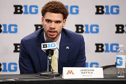 Oct 12, 2022; Minneapolis, Minnesota, US; Minnesota Golden Gophers player Jamison Battle speaks to the media during the Big Ten Basketball Media Days at Target Center. Mandatory Credit: Matt Krohn-USA TODAY Sports
