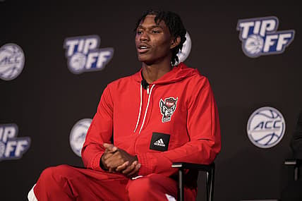 Oct 12, 2022; Charlotte, North Carolina, US; North Carolina State player Terquavion Smith during the ACC Tip Off media day in Charlotte, NC.  Mandatory Credit: Jim Dedmon-USA TODAY Sports