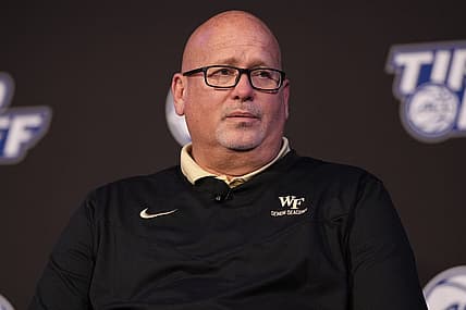 Oct 12, 2022; Charlotte, North Carolina, US; Wake Forest coach Steve Forbes during the ACC Tip Off media day in Charlotte, NC.  Mandatory Credit: Jim Dedmon-USA TODAY Sports
