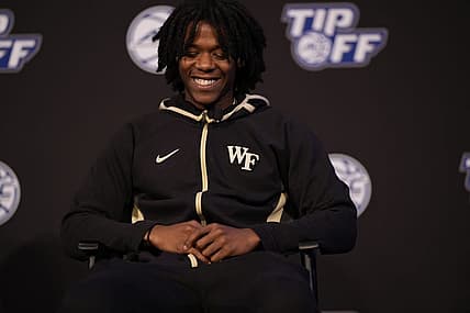 Oct 12, 2022; Charlotte, North Carolina, US; Wake Forest player Tyree Appleby during the ACC Tip Off media day in Charlotte, NC.  Mandatory Credit: Jim Dedmon-USA TODAY Sports