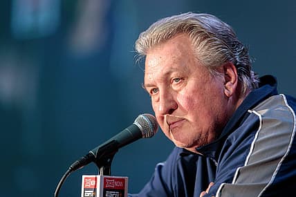 Oct 19, 2022; Kansas City, Missouri, US; West Virginia Mountaineers coach Bob Huggins is interviewed during the mens Big 12 Basketball Tipoff media day at T-Mobile Center. Mandatory Credit: William Purnell-USA TODAY Sports