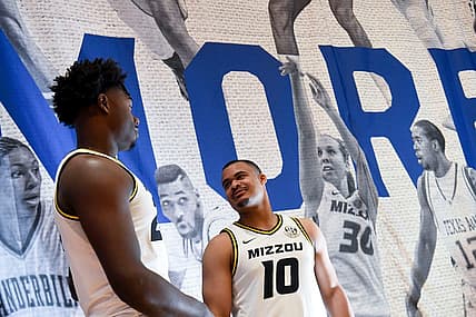 Oct 19, 2022; Mountain Brook, AL, USA; Missouri players Kobe Brown and Nick honor talk as they wait to be interviewed during the SEC Tip Off 2022-23 Men's Basketball Media Day in Mountain Brook Wednesday, Oct. 19, 2022 at Grand Bohemian Hotel.

Basketball Sec Men S Basketball Media Day