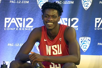 Oct 26, 2022; San Francisco, CA, USA; Washington State Cougars forward Mouhamed Gueye (35) reacts during Pac-12 Media Day at Pac-12 Network Studios. Mandatory Credit: Kirby Lee-USA TODAY Sports