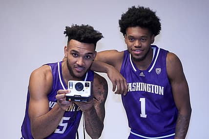 Oct 26, 2022; San Francisco, CA, USA; Washington Huskies guard Jamal Bey (5) poses with forward Keion Brooks Jr. (1) during Pac-12 Media Day at Pac-12 Network Studios. Mandatory Credit: Kirby Lee-USA TODAY Sports