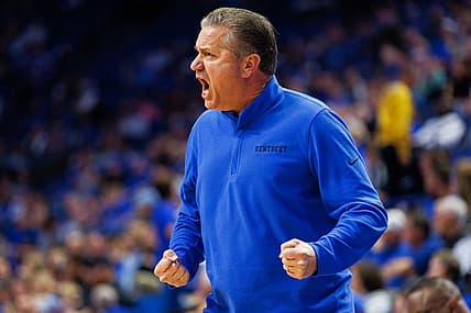 Oct 30, 2022; Lexington, Kentucky, USA; Kentucky Wildcats head coach John Calipari yells across the court during the first half against the Missouri Western State Griffons at Rupp Arena at Central Bank Center. Mandatory Credit: Jordan Prather-USA TODAY Sports