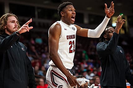 Nov 2, 2022; Columbia, South Carolina, US; South Carolina Gamecocks forward Gregory "GG" Jackson II (23) cheers a teammate during the game against the Mars Hill Lions in the second half at Colonial Life Arena. Mandatory Credit: Jeff Blake-USA TODAY Sports