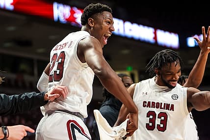 Nov 2, 2022; Columbia, South Carolina, US; South Carolina Gamecocks forward Gregory "GG" Jackson II (23) cheers a teammate during the second half against the Mars Hill Lions at Colonial Life Arena. Mandatory Credit: Jeff Blake-USA TODAY Sports