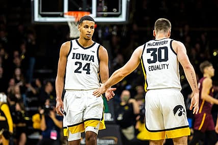 Iowa forward Kris Murray, left, high-fives guard Connor McCaffery during a NCAA men's basketball game against Bethune-Cookman, Monday, Nov. 7, 2022, at Carver-Hawkeye Arena in Iowa City, Iowa.

221107 Bethune Cookman Iowa Mbb 006 Jpg