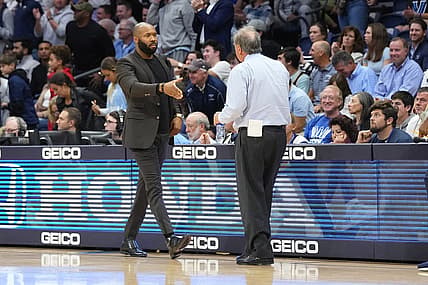 Nov 7, 2022; Villanova, Pennsylvania, USA;  Villanova Wildcats head coach Kyle Neptune shakes hands with La Salle Explorers head coach Fran Dunphy after game at William B. Finneran Pavilion. Mandatory Credit: Gregory Fisher-USA TODAY Sports