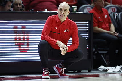Nov 7, 2022; Salt Lake City, Utah, USA;  Utah Utes head basketball coach Craig Smith keeps an eye on the action against the LIU Sharks at Jon M. Huntsman Center. Mandatory Credit: Jeffrey Swinger-USA TODAY Sports