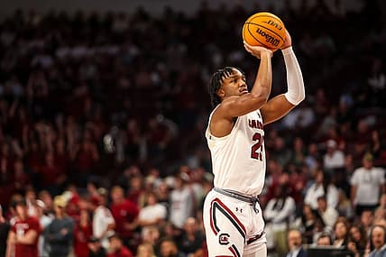 Nov 8, 2022; Columbia, South Carolina, USA; South Carolina Gamecocks guard Chico Carter Jr. (25) shoots a technical foul shot against the South Carolina State Bulldogs in the second half at Colonial Life Arena. Mandatory Credit: Jeff Blake-USA TODAY Sports
