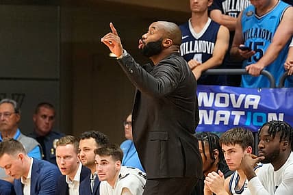 Nov 7, 2022; Villanova, Pennsylvania, USA; Villanova Wildcats head coach Kyle Neptune speaks to his players from the sidelines during the second half against the La Salle Explorers at William B. Finneran Pavilion. Mandatory Credit: Gregory Fisher-USA TODAY Sports