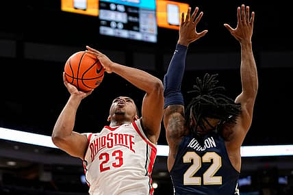 Nov 10, 2022; Columbus, OH, USA;  Ohio State Buckeyes guard Zed Key (23) shoots over Charleston Southern Buccaneers guard RJ Johnson (22) during the first half of the NCAA men's basketball game at Value City Arena. Mandatory Credit: Adam Cairns-The Columbus Dispatch

Charleston Southern At Ohio State Men S Basketball
