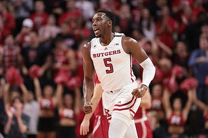 Nov 10, 2022; Piscataway, New Jersey, USA; Rutgers Scarlet Knights forward Aundre Hyatt (5) reacts after a three-point basket during the first half against the Sacred Heart Pioneers at Jersey Mike's Arena. Mandatory Credit: Vincent Carchietta-USA TODAY Sports