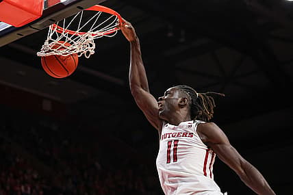 Nov 10, 2022; Piscataway, New Jersey, USA; Rutgers Scarlet Knights center Clifford Omoruyi (11) dunks against the Sacred Heart Pioneers during the second half at Jersey Mike's Arena. Mandatory Credit: Vincent Carchietta-USA TODAY Sports