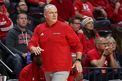 Nov 10, 2022; Piscataway, New Jersey, USA; Rutgers Scarlet Knights head coach Steve Pikiell looks on during the first half against the Sacred Heart Pioneers at Jersey Mike's Arena. Mandatory Credit: Vincent Carchietta-USA TODAY Sports