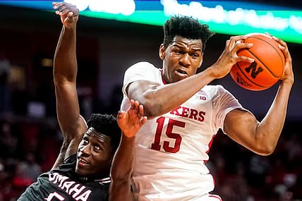 Nov 10, 2022; Lincoln, Nebraska, USA; Nebraska Cornhuskers forward Blaise Keita (15) grabs a rebound against Nebraska-Omaha Mavericks guard Ja'Sean Glover (5) during the second half at Pinnacle Bank Arena. Mandatory Credit: Dylan Widger-USA TODAY Sports
