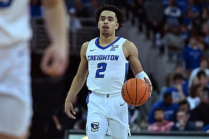 Nov 10, 2022; Omaha, Nebraska, USA; Creighton Bluejays guard Ryan Nembhard (2) dribbles against the North Dakota Fighting Hawks during the second half at CHI Health Center Omaha. Mandatory Credit: Steven Branscombe-USA TODAY Sports