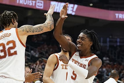 Nov 10, 2022; Austin, Texas, USA; Texas Longhorns guard guard Marcus Carr (5) reacts from the bench during the second half against the Houston Christian Huskies at Moody Center. Mandatory Credit: Scott Wachter-USA TODAY Sports
