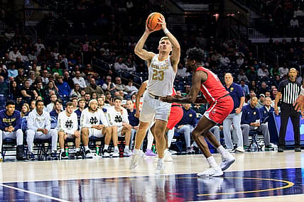 Notre Dame guard Dane Goodwin (23) goes up for a shot as Radford guard Bryan Antoine (14) defends during the Radford-Notre Dame NCAA Men   s basketball game on Thursday, November 10, 2022, at Purcell Pavilion in South Bend, Indiana.

Radford Vs Notre Dame