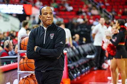 Nov 11, 2022; Raleigh, North Carolina, USA; North Carolina State Wolfpack head coach Kevin Keatts watches his team before the game against the Campbell Fighting Camels at PNC Arena. Mandatory Credit: Jaylynn Nash-USA TODAY Sports